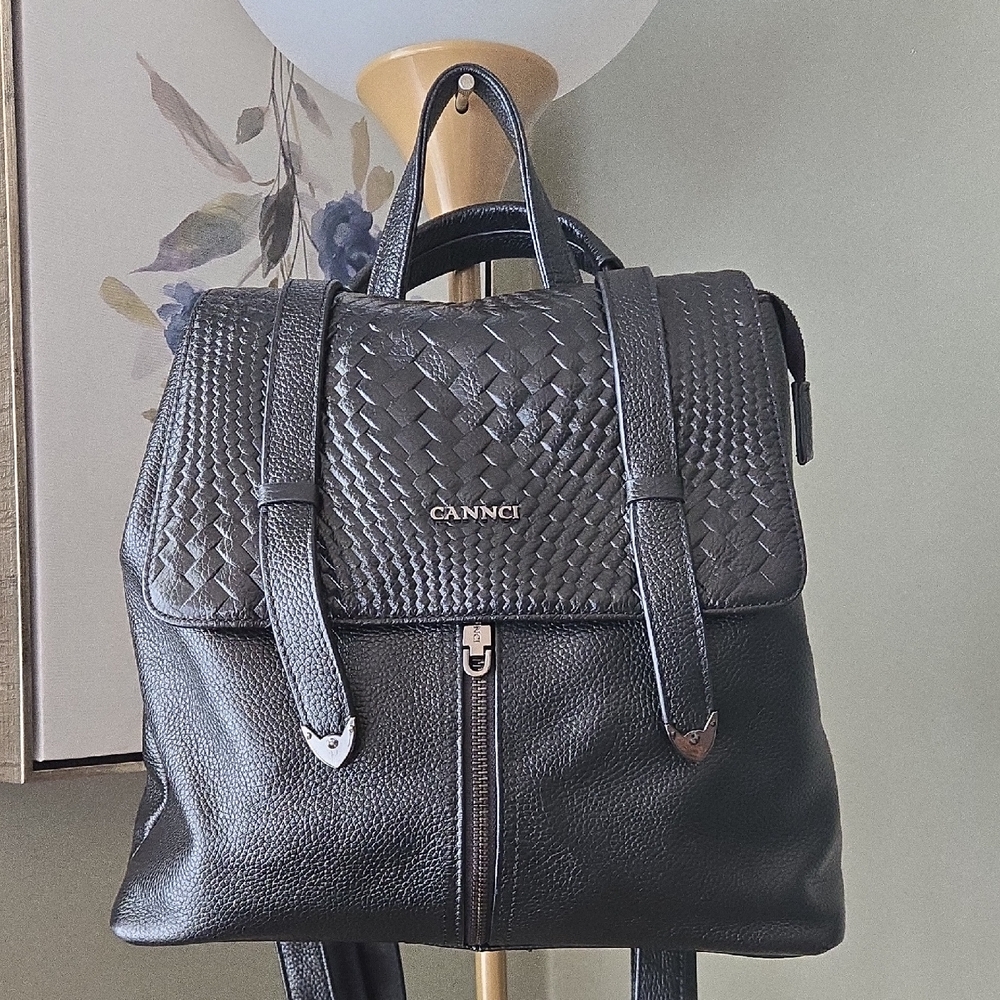 Black Woven Leather Cannci Backpack Bag